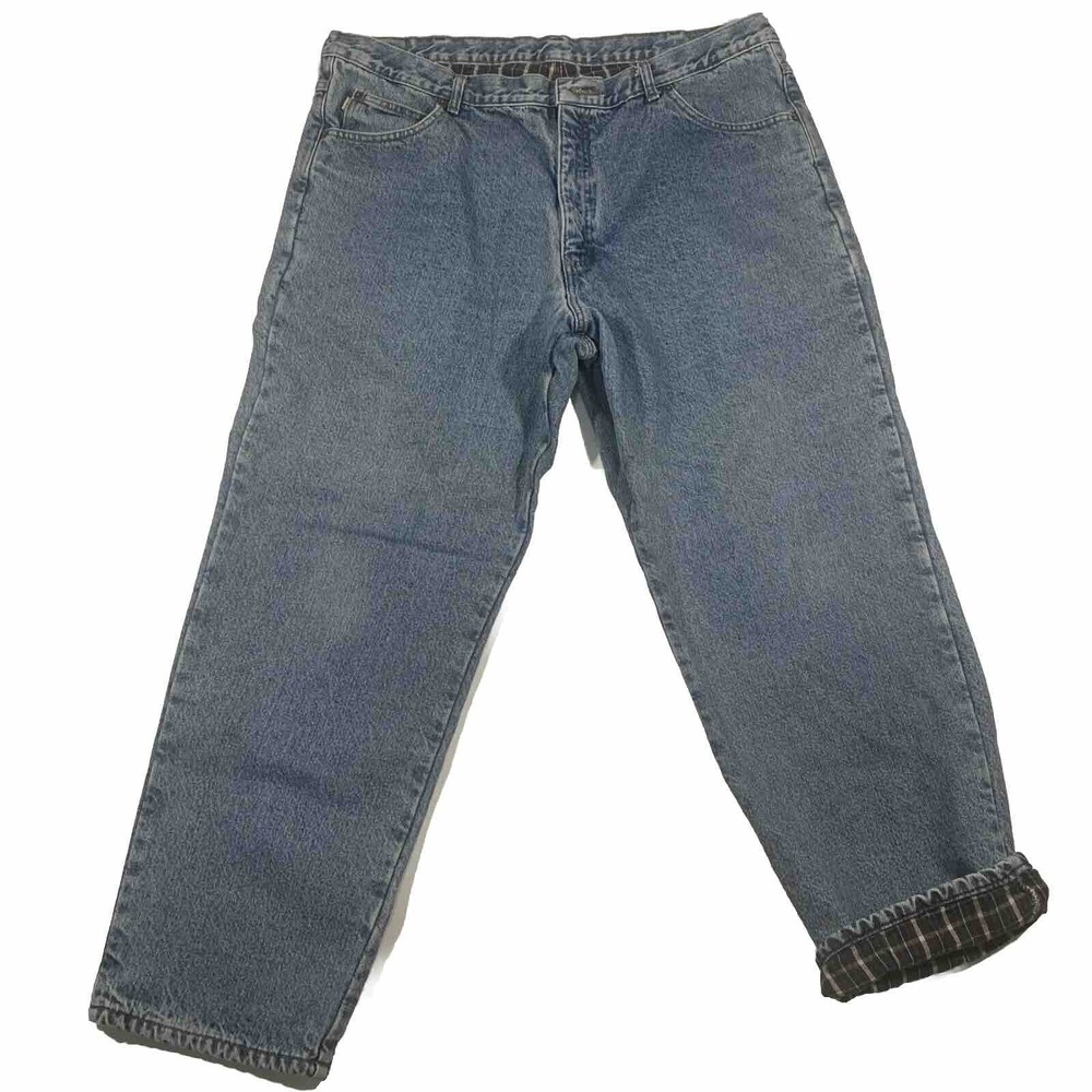 LL Bean Double L Classic Fit Flannel Lined‎ Jeans Mens 42x30 Blue Denim Plaid